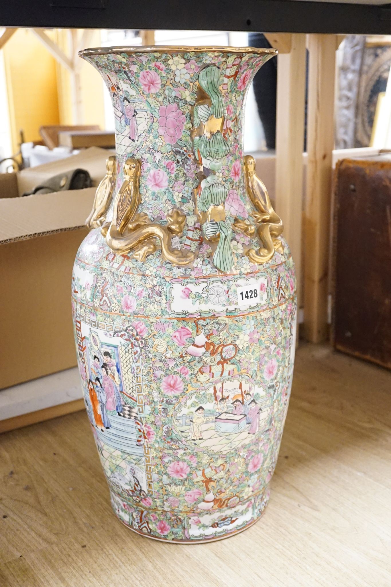 A large Chinese famille rose vase and a similar tureen and cover, vase 63 cms high.